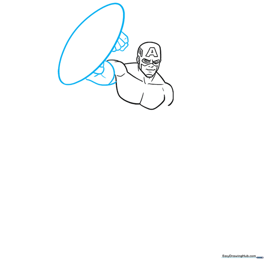 Captain America's arm extended with a shield, showing the hand gripping the shield handle.