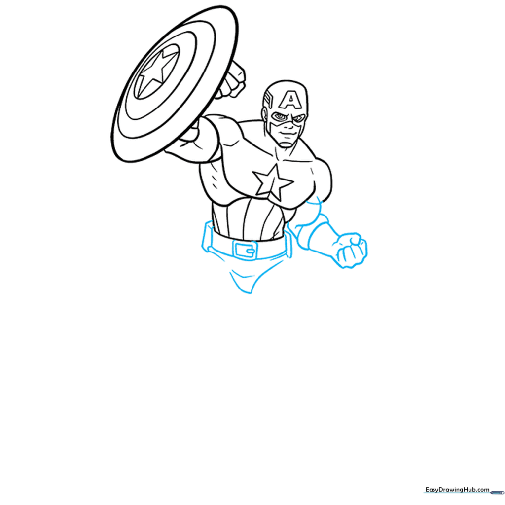 Drawing of Captain America's waist, showing the utility belt and uniform details.