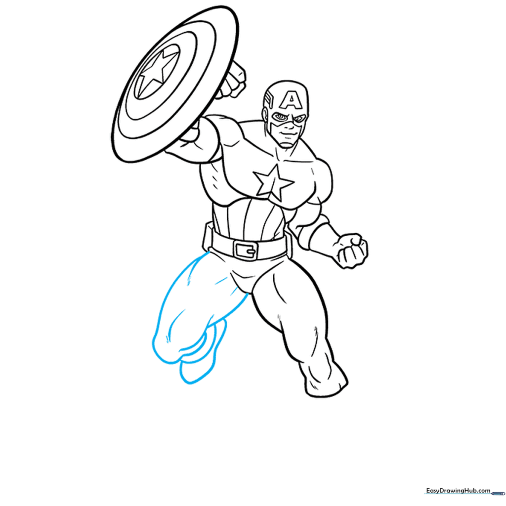 Lower body drawing of Captain America, showing both legs and feet.