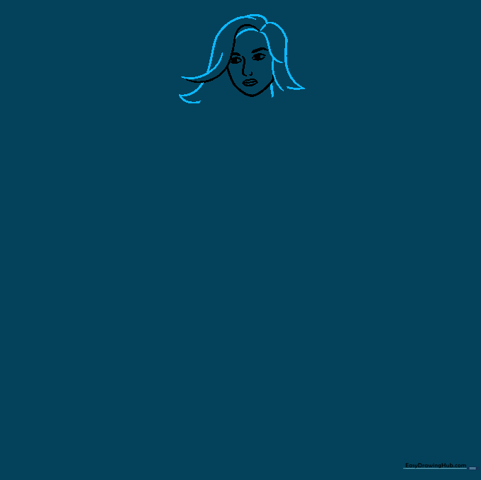 Drawing the hair layers of Captain Marvel with overlapping curved lines.
