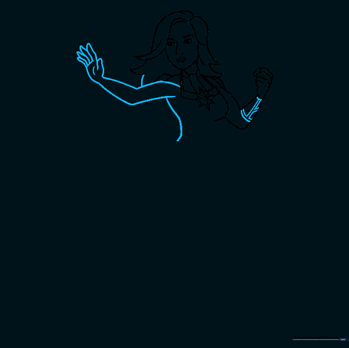Drawing the extended arm and gauntlet detail.