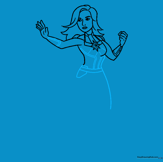 Adding the utility belt and torso lines to the Captain Marvel drawing.