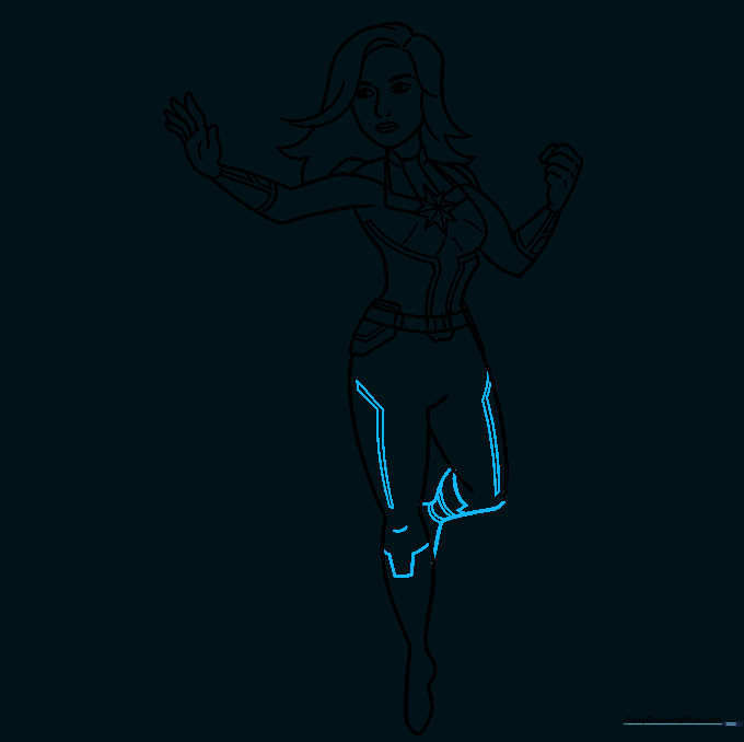 Drawing the boots and leg details for the superhero costume.