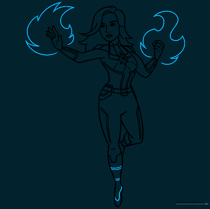 Adding energy flames to the hands of the Captain Marvel drawing.