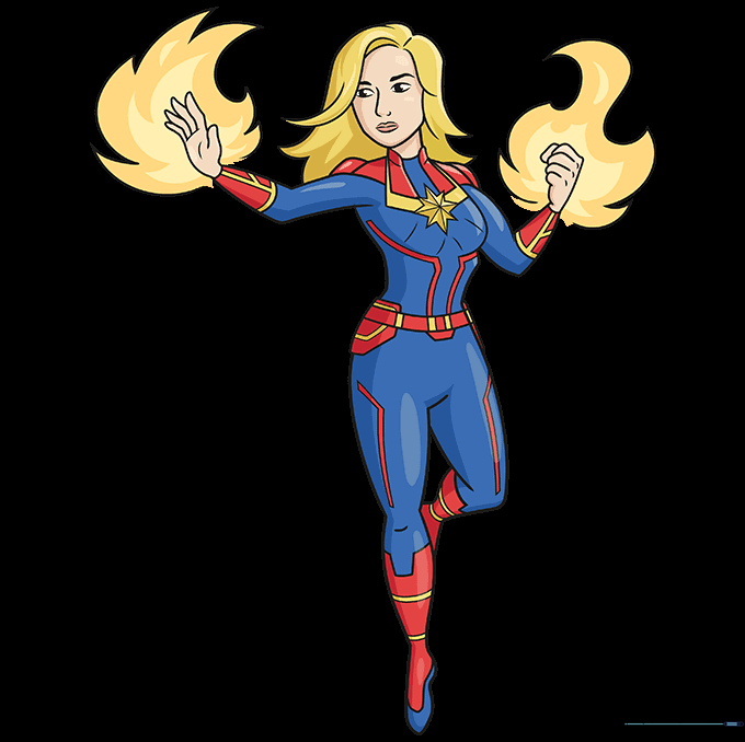The completed, colored drawing of Captain Marvel in her blue, red, and yellow suit.