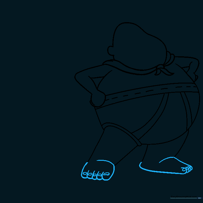 Drawing the feet with rounded toes and small circles for toenails.