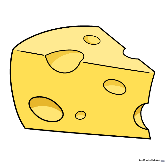 Finished cartoon cheese drawing colored in shades of yellow.