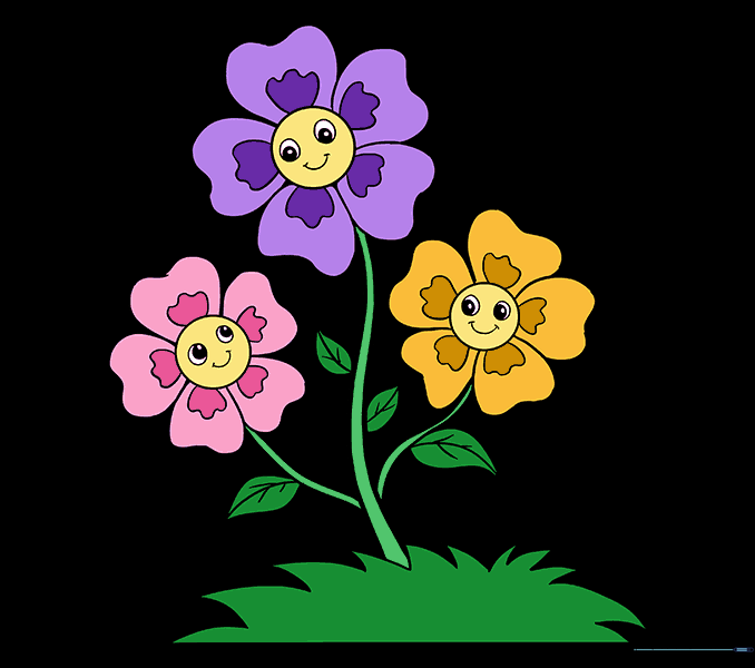 The finished cartoon flower drawing with vibrant colors applied.