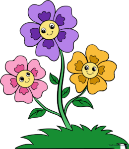 A colorful, finished illustration of three happy cartoon flowers in a garden.
