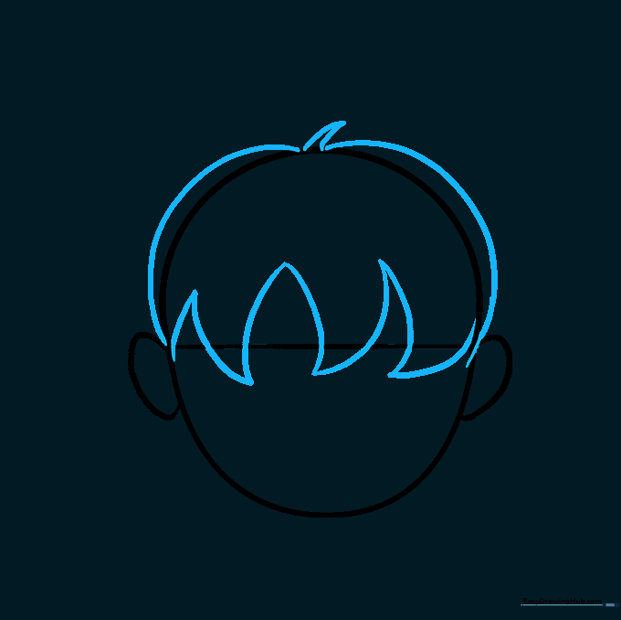 The outline of hair added over the head shape using curved, flowing lines.