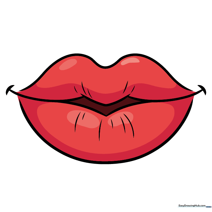 Finished cartoon lips colored with bright red lipstick and a white highlight.