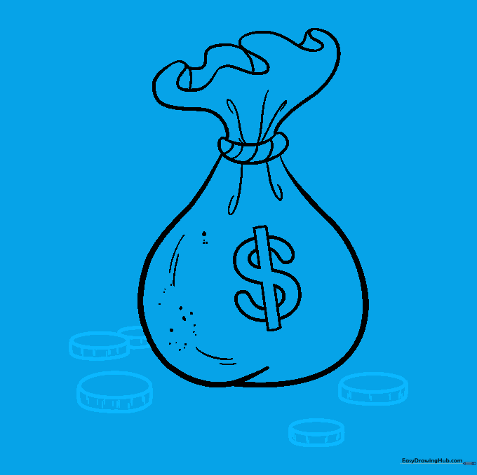 Drawing loose coins spilling out from the base of the money bag.