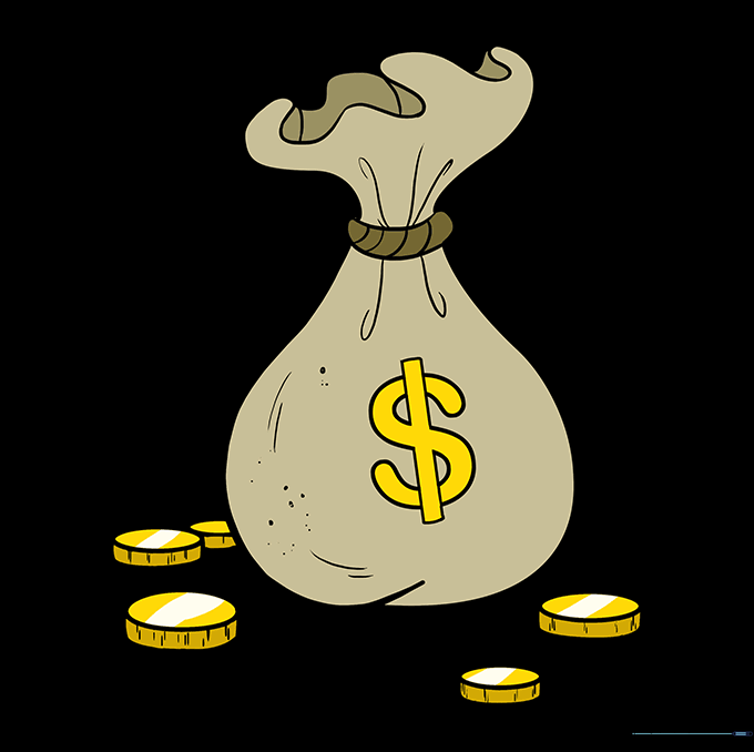 The finished cartoon money bag drawing with color and shading.