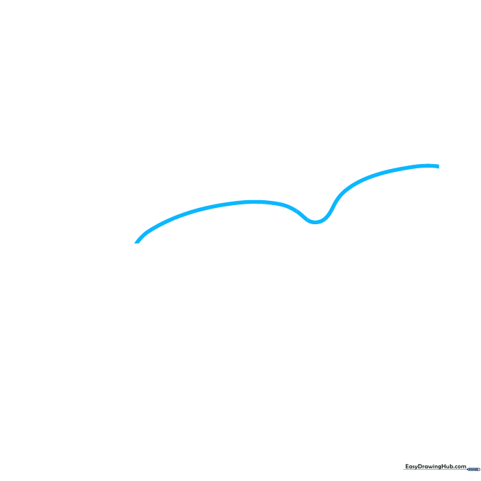 A single curved line with a center dip drawn on white paper, forming the top bridge of cartoon sunglasses.