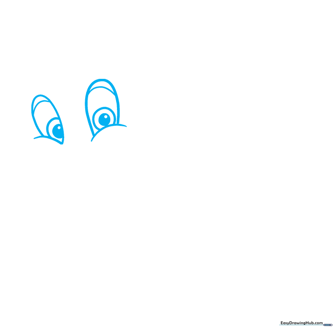 Close-up of Casper's oval eyes with curved eyelid details drawn on white paper.