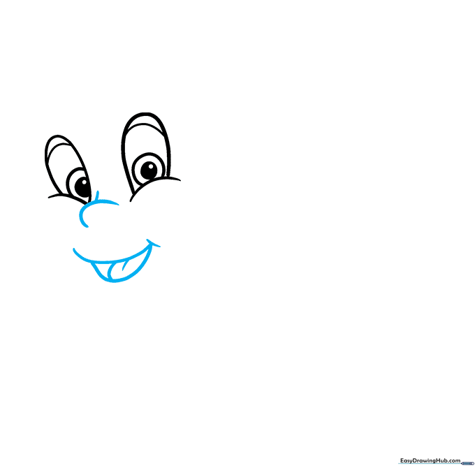 Casper's face showing a smiling mouth and small nose added to the previous eye sketch.