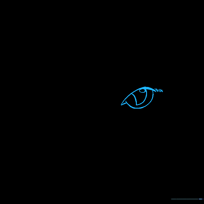 Pencil sketch showing the initial outline of a cat's eye with a pointed inner corner and a central pupil.