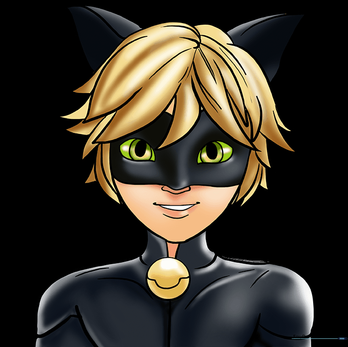 Final colored drawing of Cat Noir with blonde hair and black suit