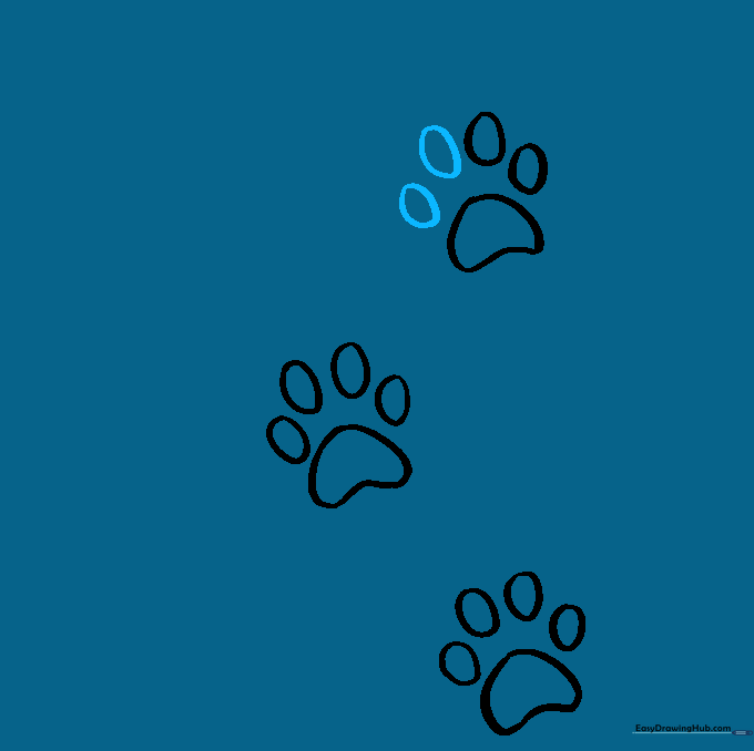 The third paw print fully outlined with all toe pads clearly visible.