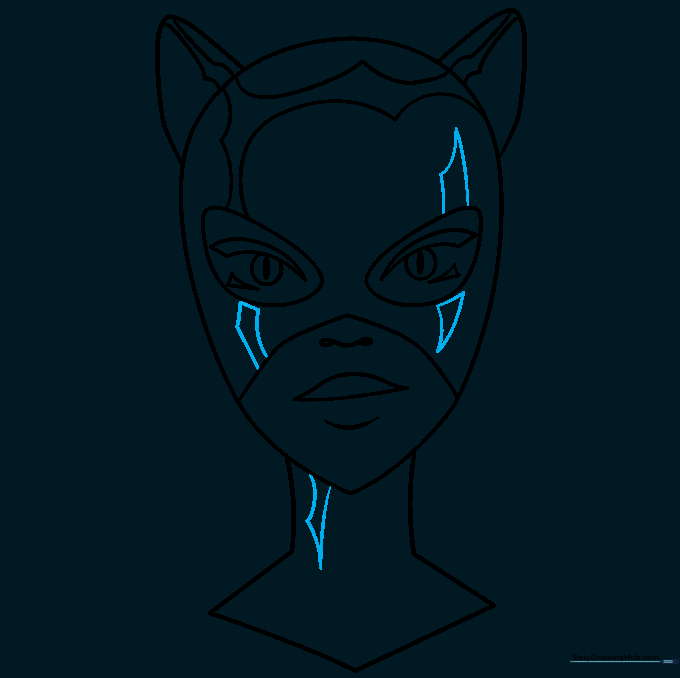 Refining the outline of the mask and neck details for a finished look.