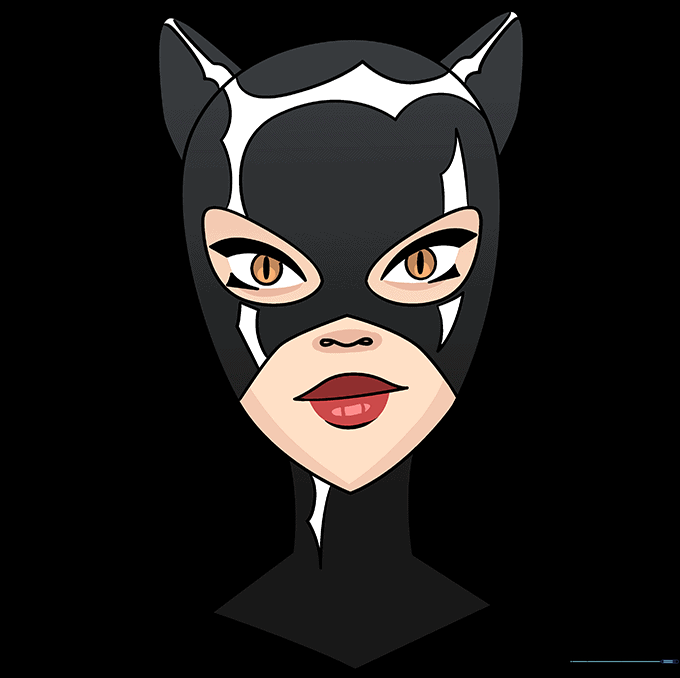 Final colored drawing of Catwoman with a sleek black suit and highlighted mask.