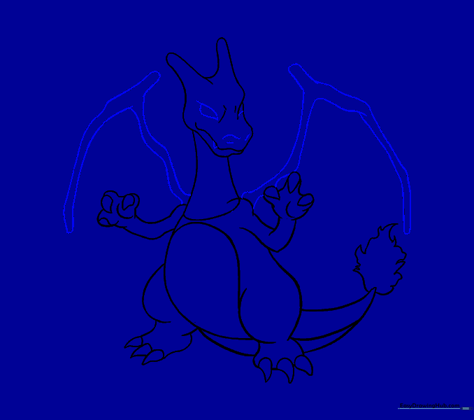 Wavy wing shapes and facial details like eyes and teeth added to the drawing.