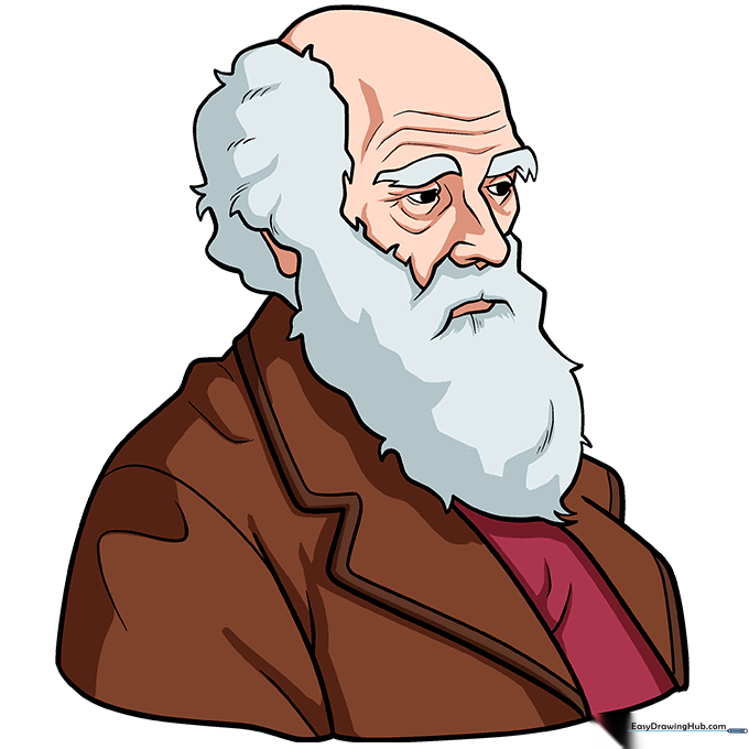 Fully colored portrait of Charles Darwin with a grey beard and maroon shirt.