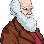 A finished, colored illustration of Charles Darwin, showcasing his iconic beard and Victorian attire.