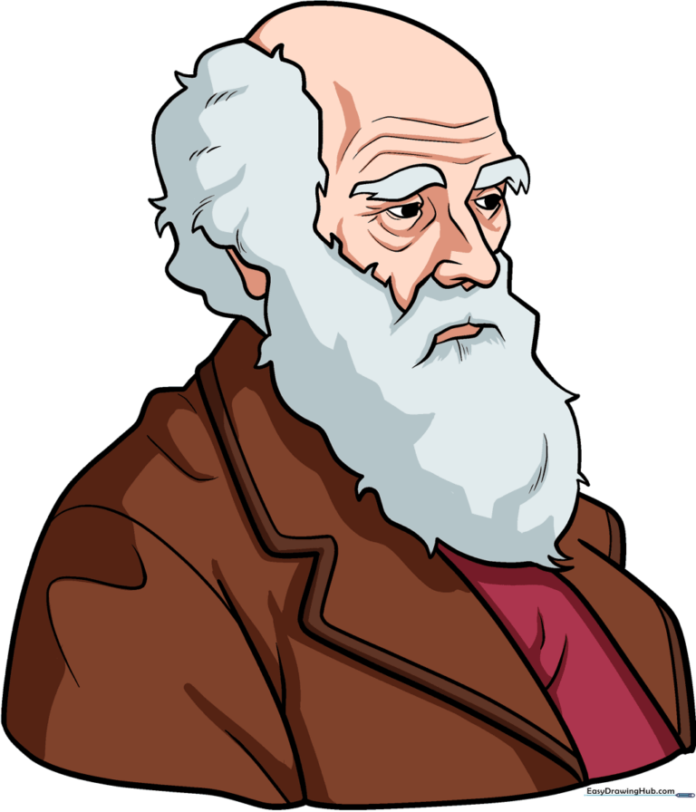 A finished, colored illustration of Charles Darwin, showcasing his iconic beard and Victorian attire.