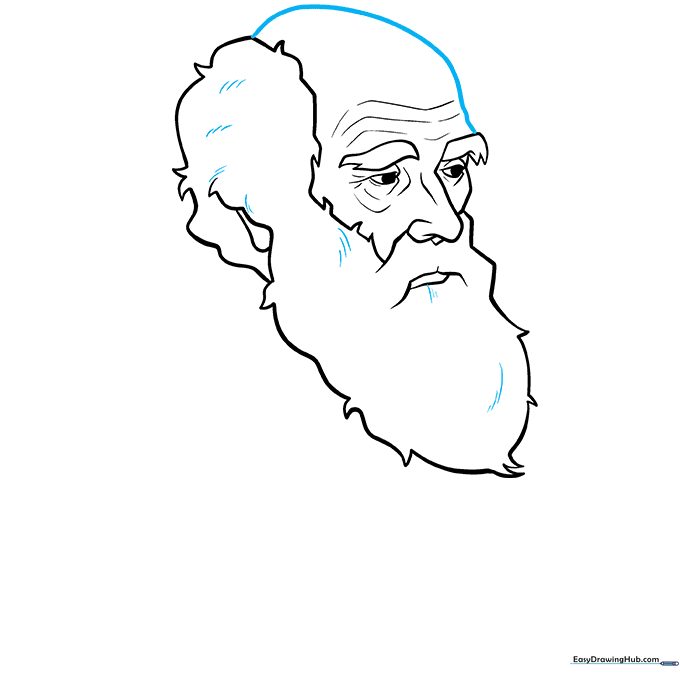 Pencil sketch showing the completed head shape and added beard texture for Charles Darwin.