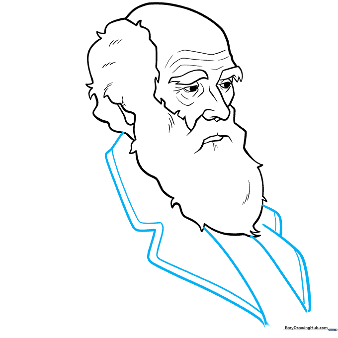 Pencil sketch of Charles Darwin's Victorian-style shirt collar and clothing details.