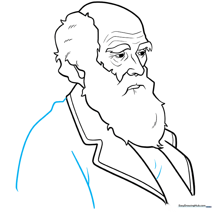 Pencil sketch showing the shoulder and chest area of Charles Darwin's coat.