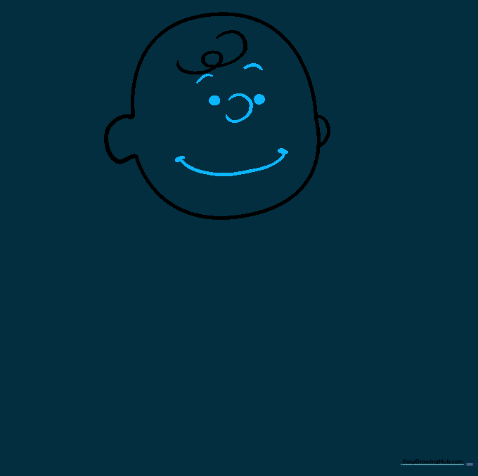 Drawing Charlie Brown's eyes, nose, and smiling mouth on the face outline.
