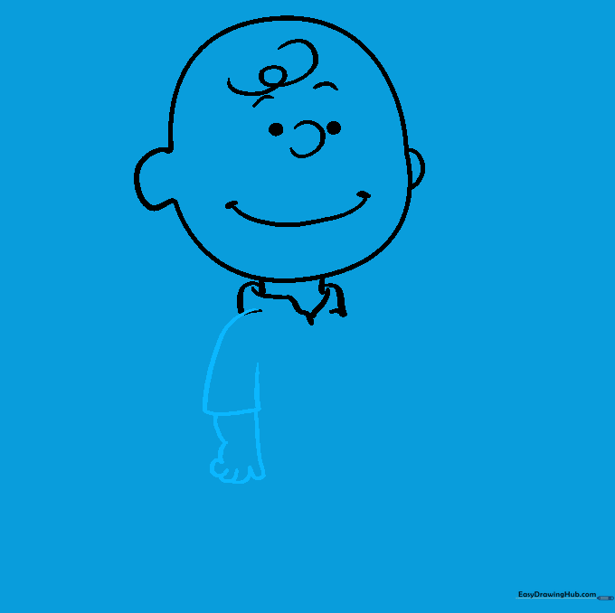 Drawing the first arm and hand with simple rounded fingers.