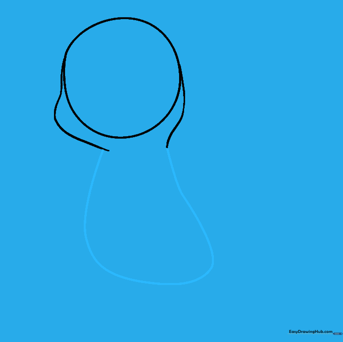 Drawing a large, curved outline to define the main body of the character.