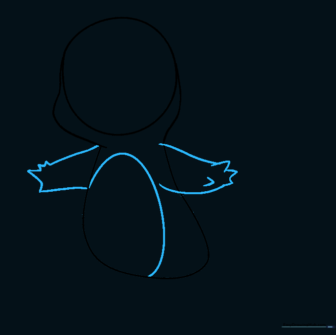 Adding arms with pointed fingers and an oval belly patch to the body sketch.