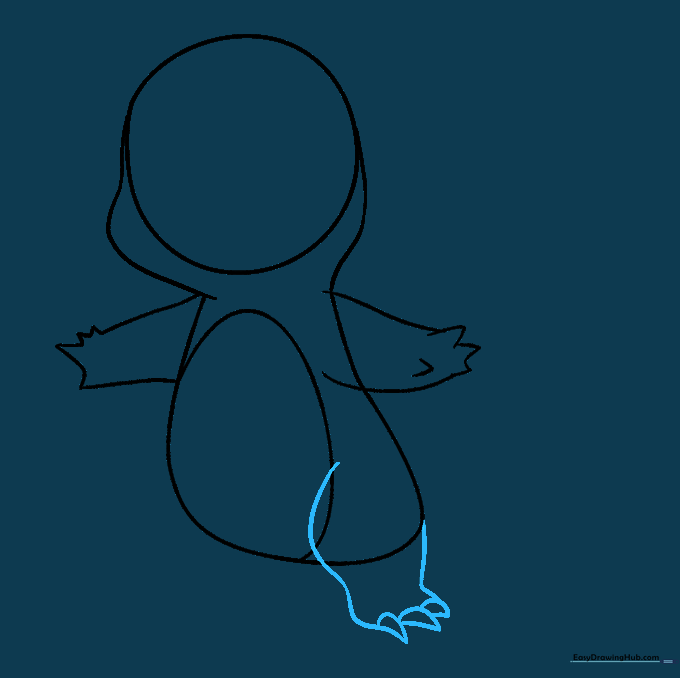 Sketching the first leg with sharp, triangular claws at the foot.