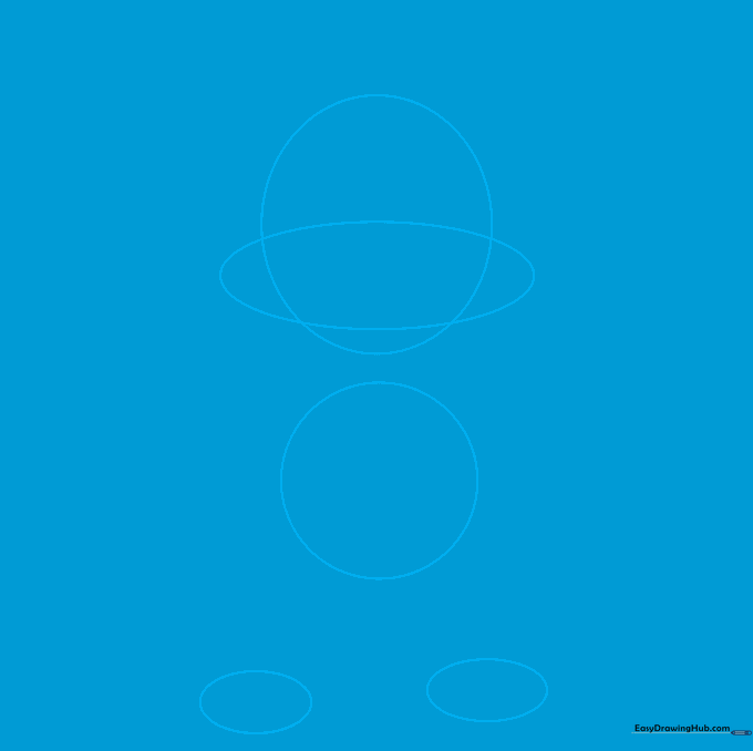Pencil sketch showing two circles for head and body with small ovals for paws to guide the drawing of Chase.