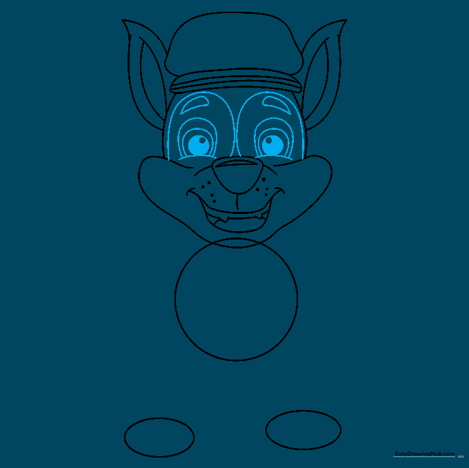 Drawing the eyes with pupils and eyebrows to capture Chase's alert expression.