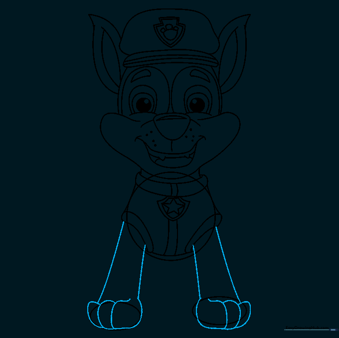 Sketching the front legs and paw details connecting to the uniform.