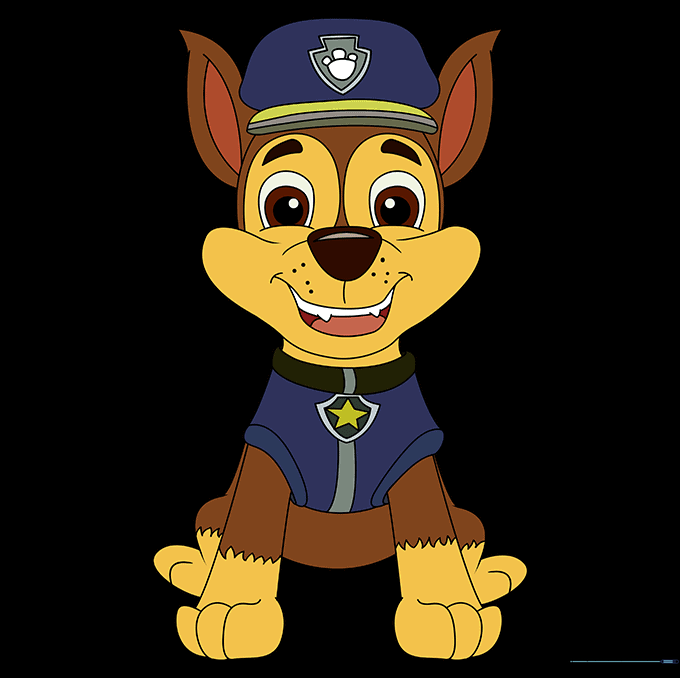 Fully colored drawing of Chase from PAW Patrol in his blue police uniform.