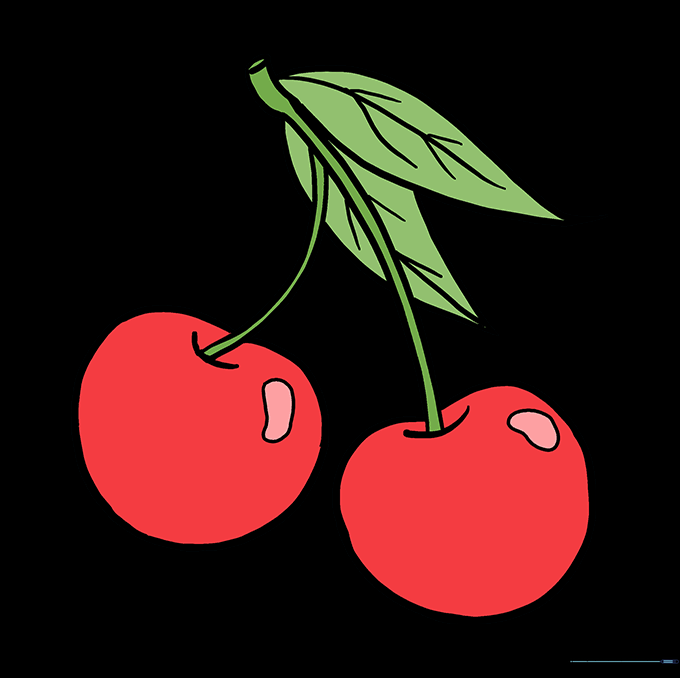 The finished cherry drawing, fully colored with red fruit and green leaves.