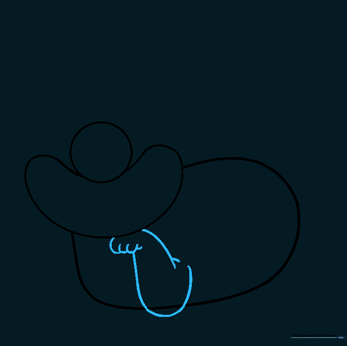 Drawing the first arm using a large U-shaped line and smaller curves for fingers.
