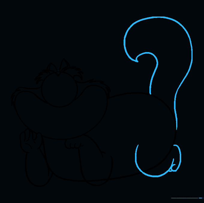 Sketching a long, pointed tail and the back leg of the cat.