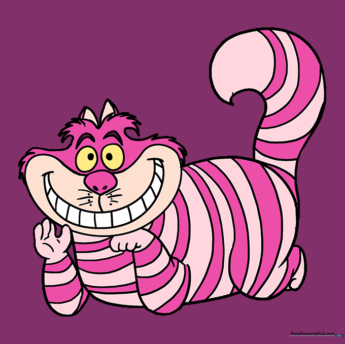 The finished Cheshire Cat drawing colored with pink and purple stripes.