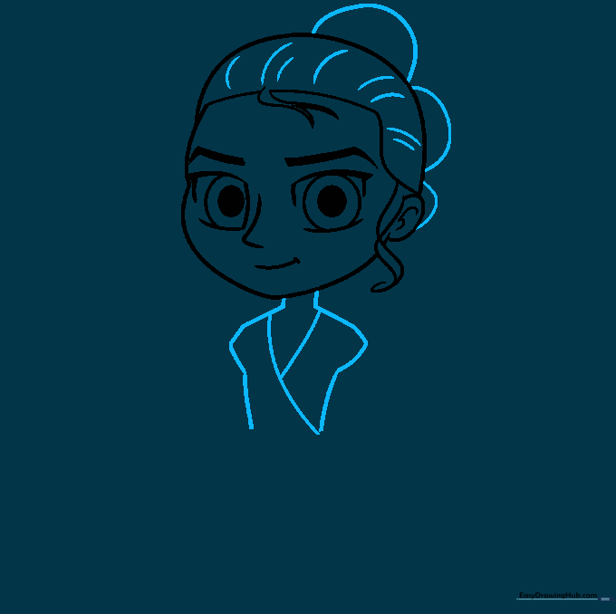 Sketch of Rey's upper torso, neck, and shoulder lines showing tunic details.
