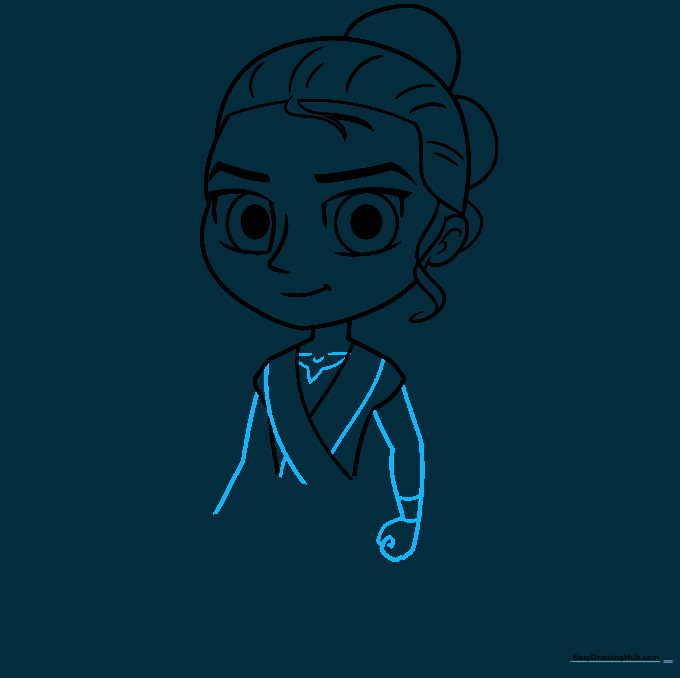 Drawing of Rey's arms and tunic collar with simple geometric shapes.
