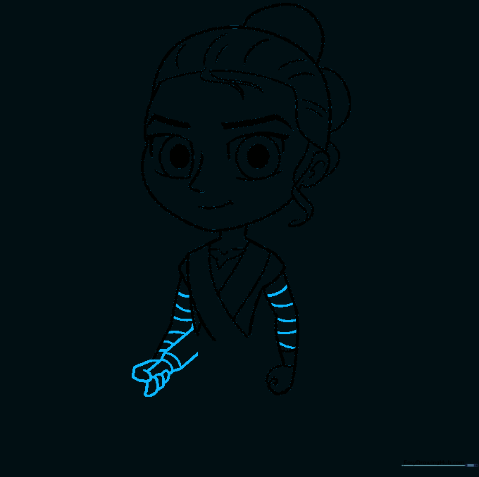 Pencil sketch of Rey's hands gripping a staff with simple parallel lines.