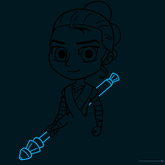 Detailed sketch of the staff ends using trapezoid shapes and short lines.