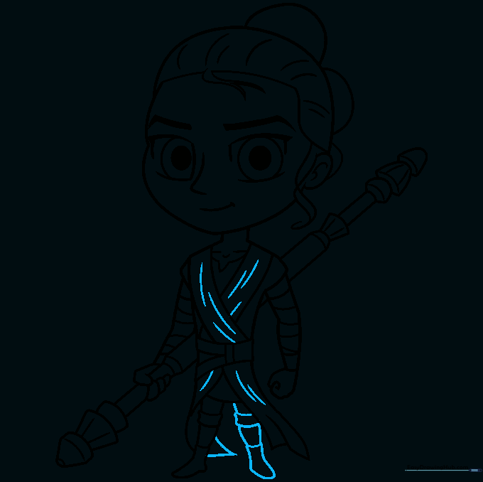 Final line art of Rey showing the completed boots and tunic details.
